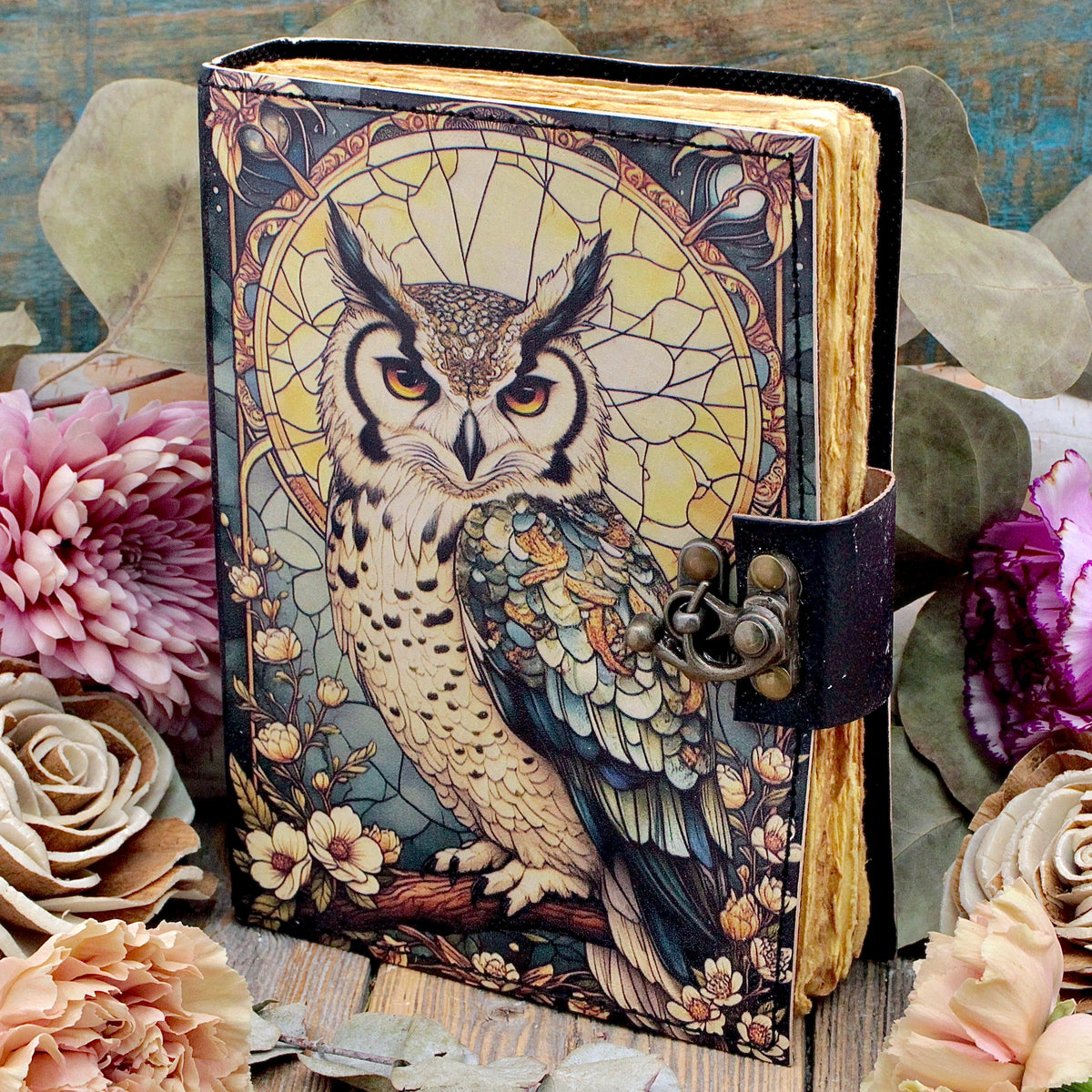 Horned Owl Leather Bound Journal with Metal Clasp