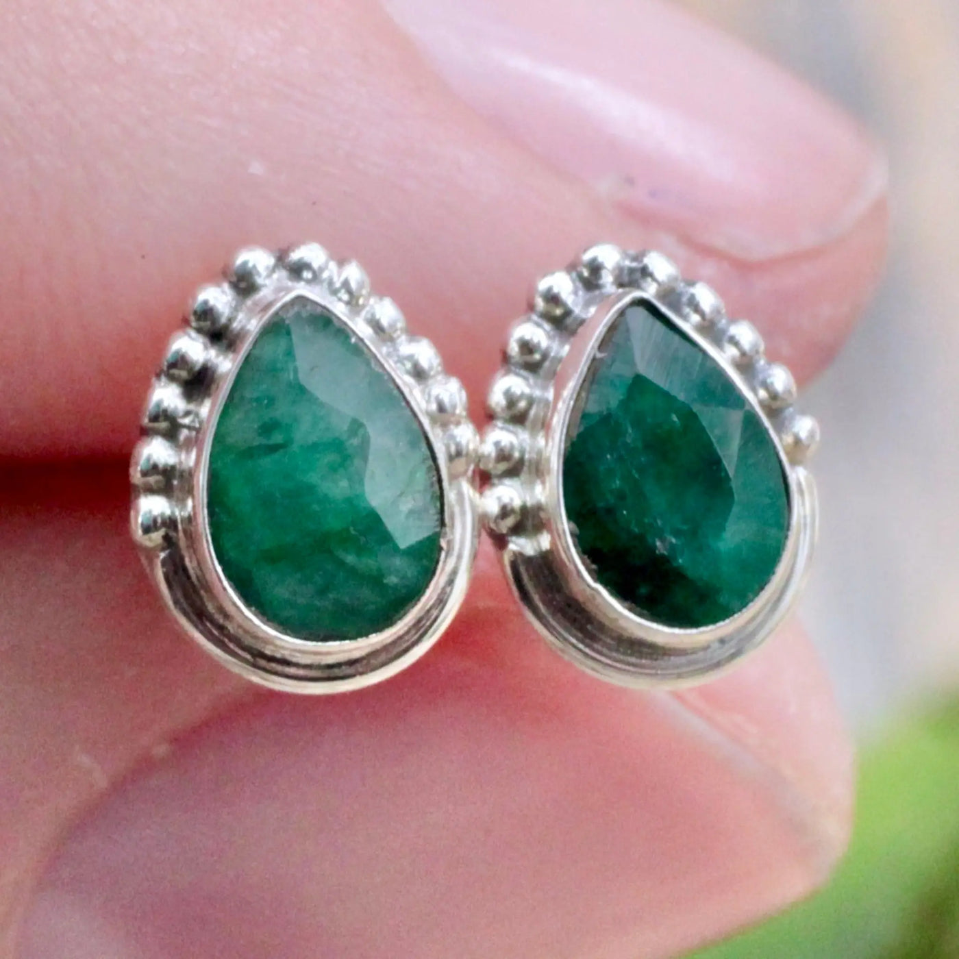 Emerald Stud Earrings with Silverwork in Sterling Silver