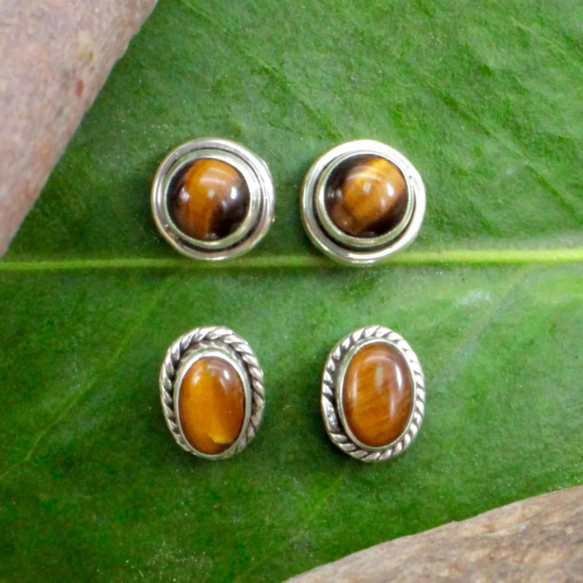 Tiger's Eye Stud Earrings - Silverwork -Sterling Silver