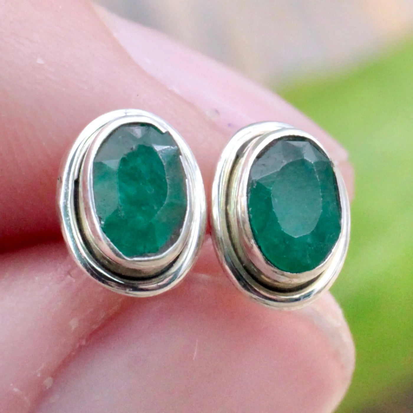 Emerald Stud Earrings with Silverwork in Sterling Silver