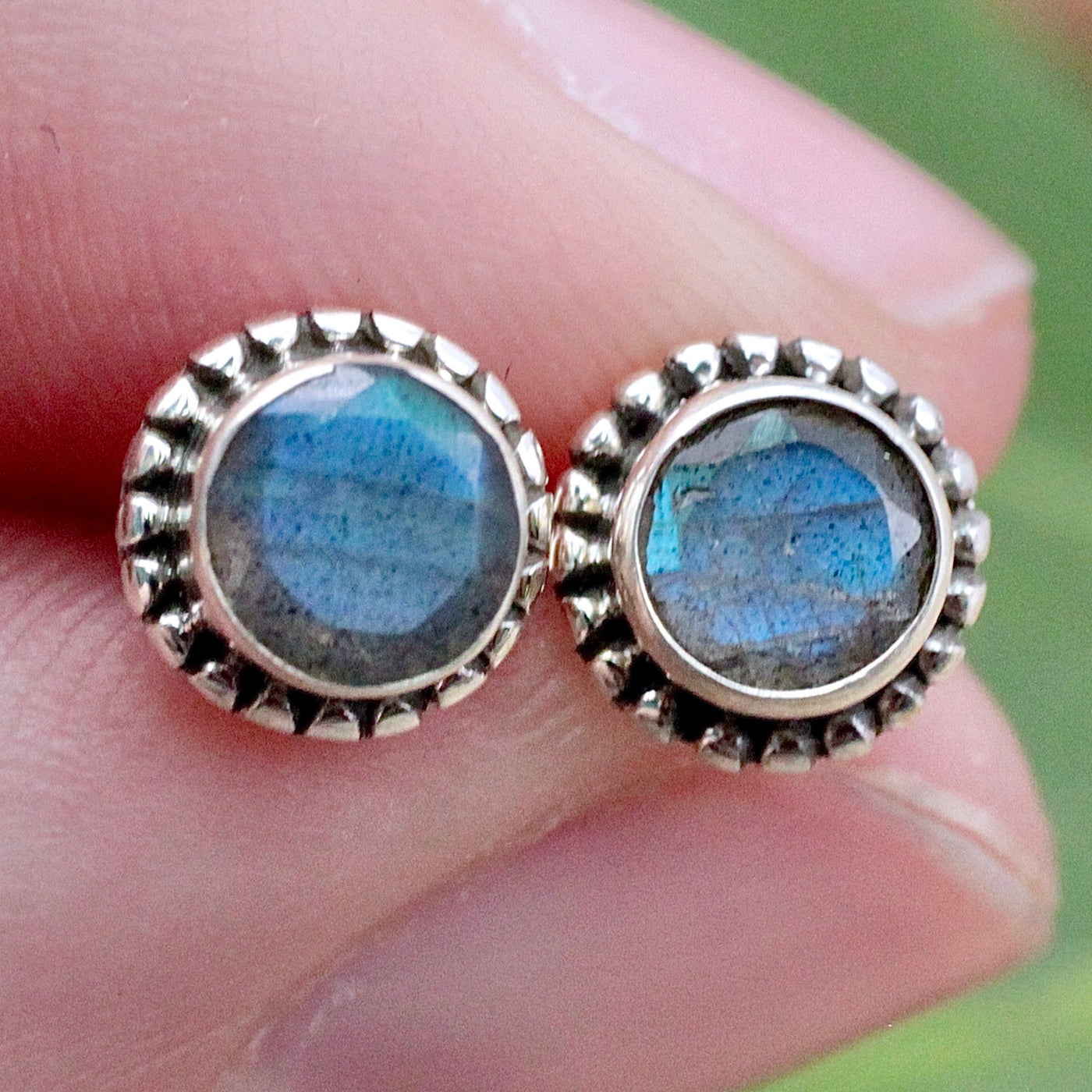 Labradorite Round Stud Earrings - Faceted - Sterling Silver