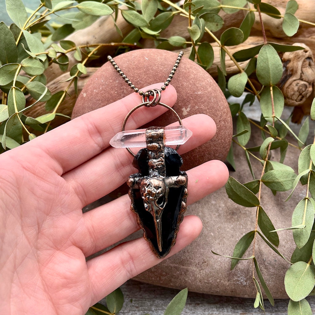 Obsidian Arrowhead Crow Skull Necklace