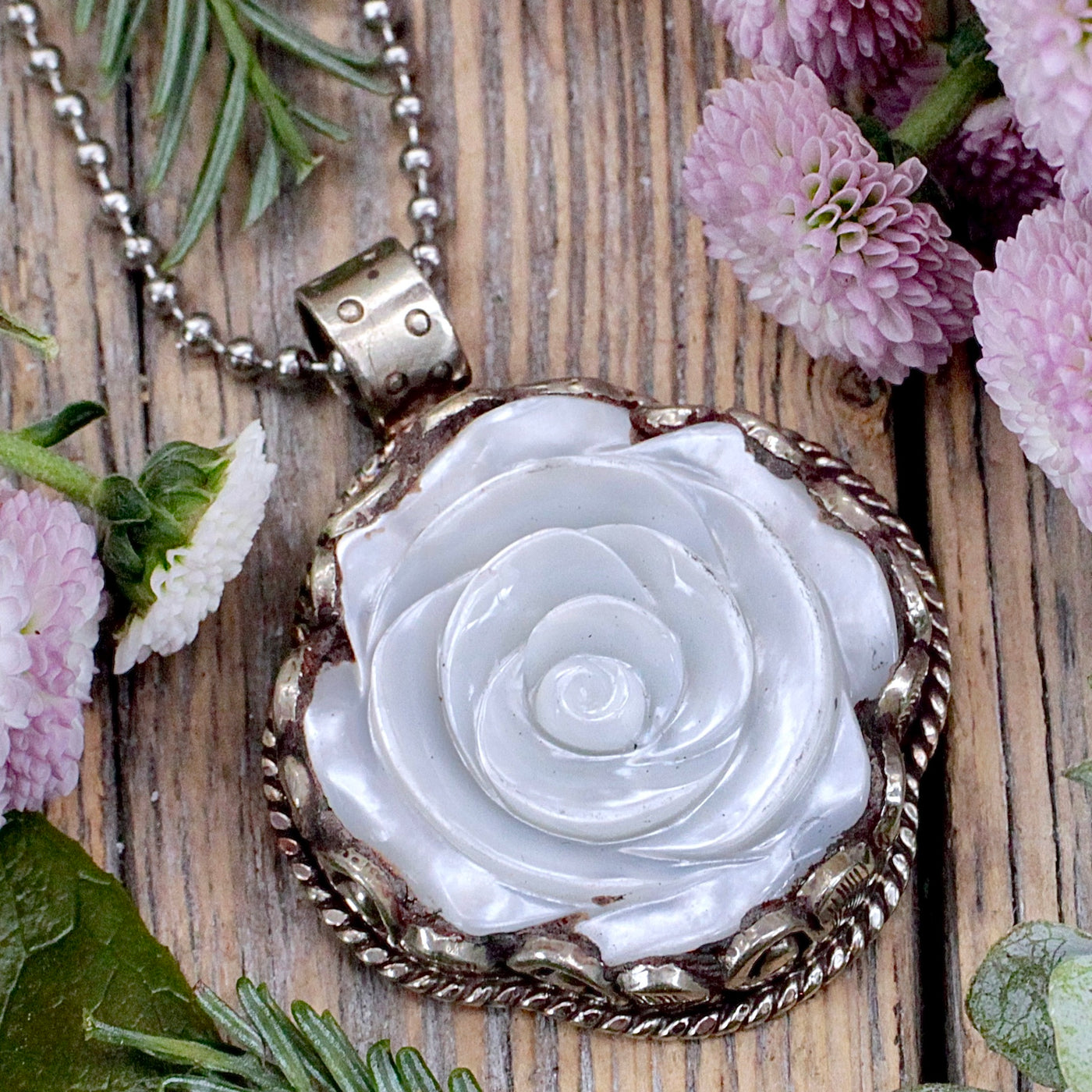 Carved Rose Pendant - Mother of Pearl & Tibetan Silver