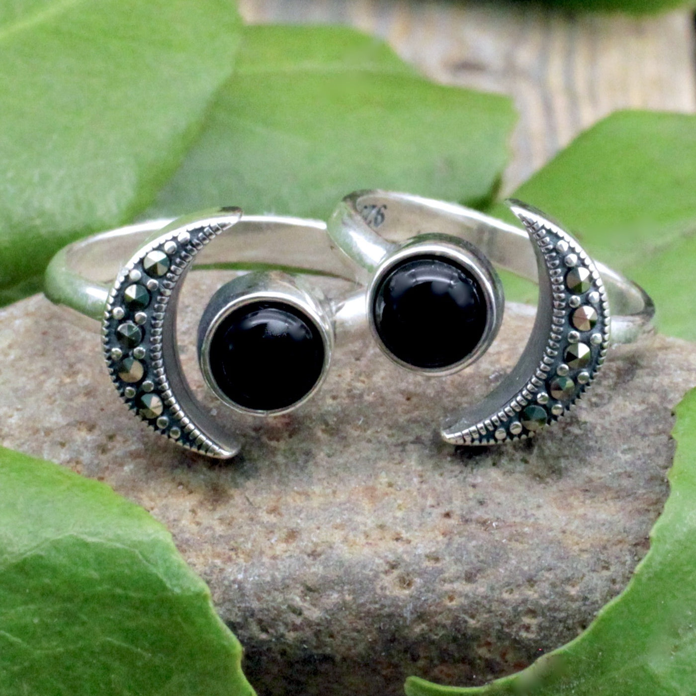 Black Onyx and Marcasite Moon Ring - Sterling Silver