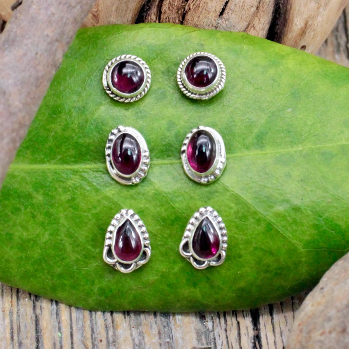 Garnet Stud Earrings - Silverwork - Sterling Silver