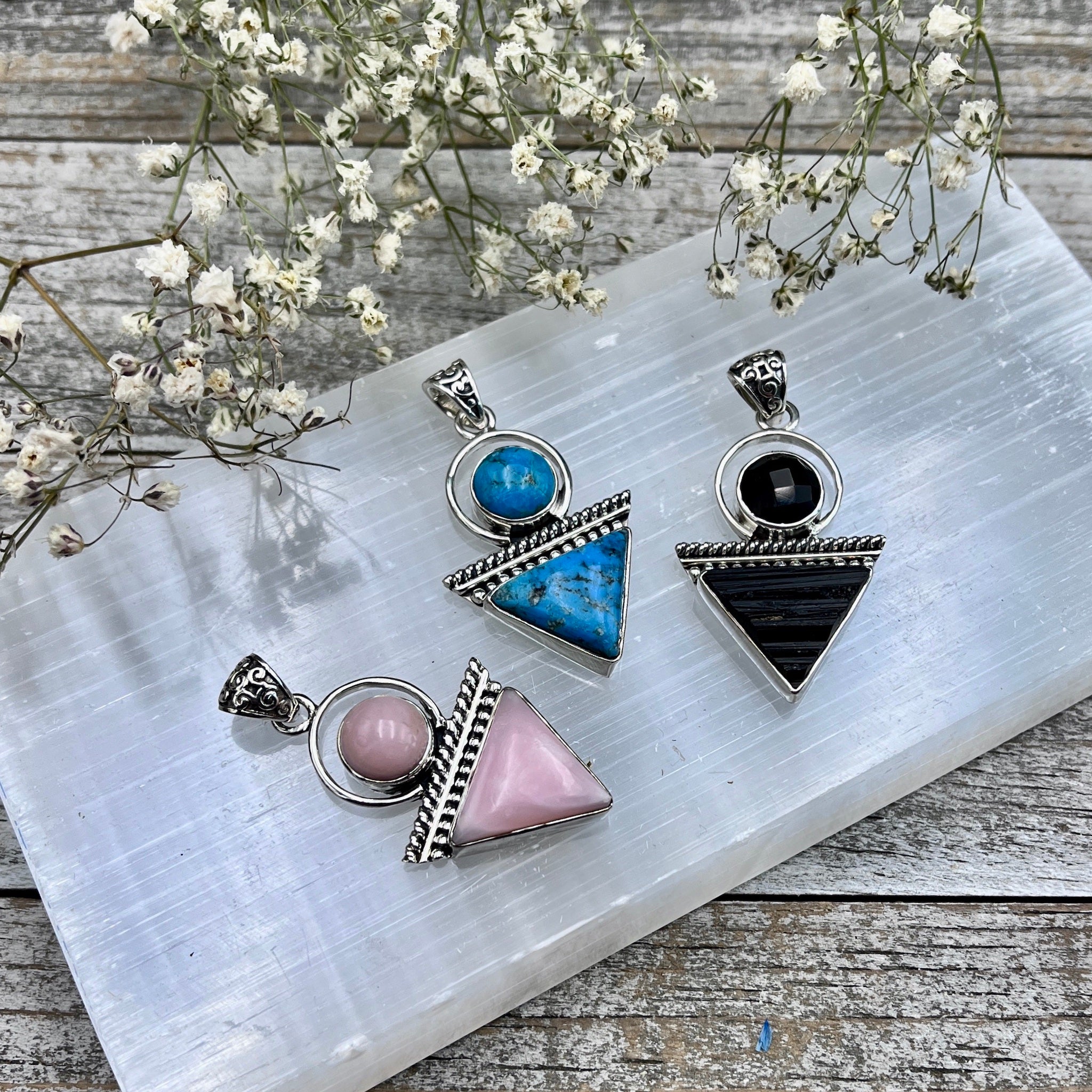 Triangle Double Stone Pendant Pink Opal Turquoise Black