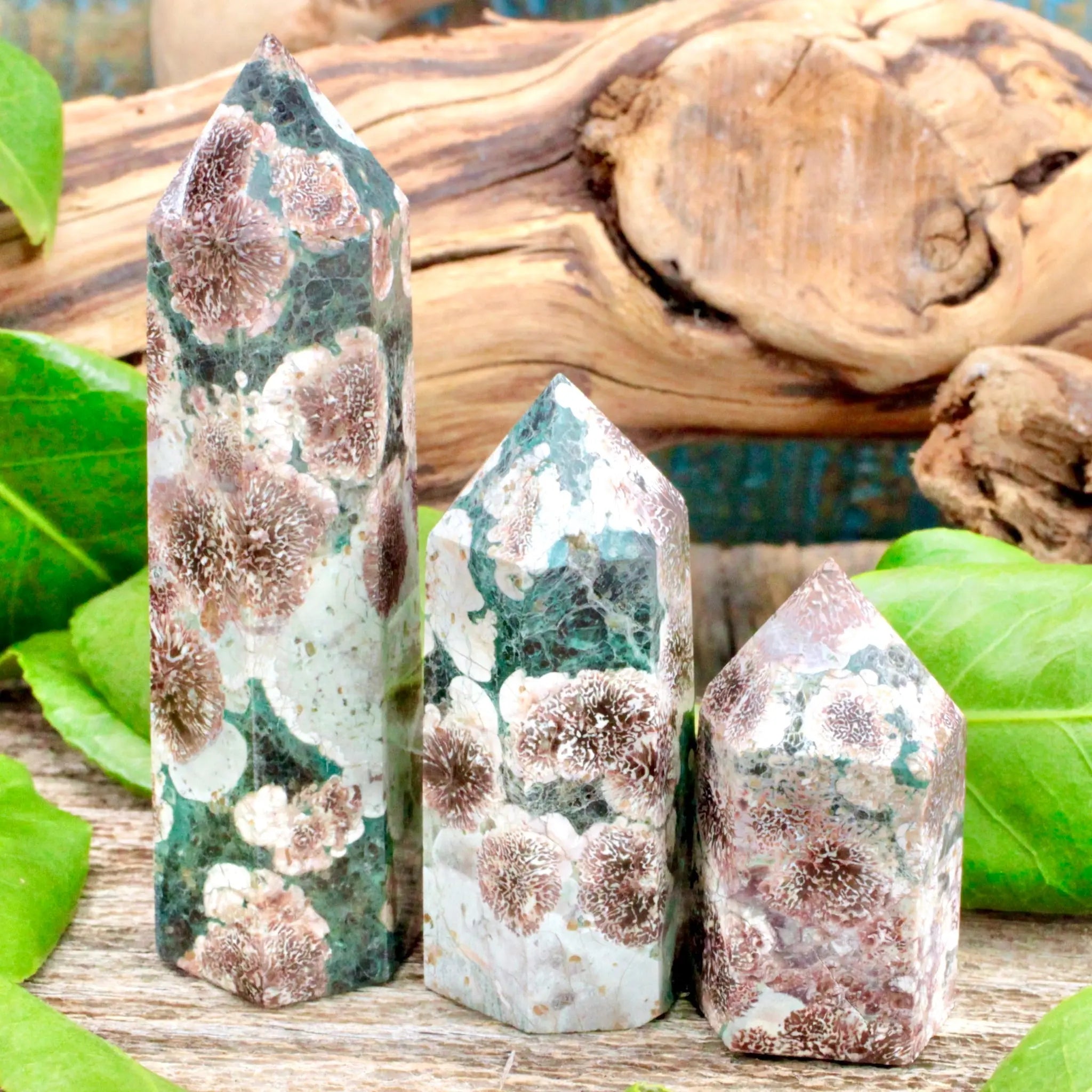 GREEN FLOWER AGATE TOWER - Blue Teal Sakura Mineral Chakra Witch Crystal  Decor
