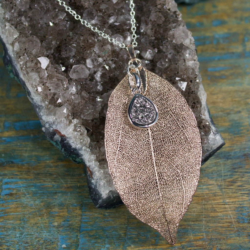 Rose Gold Leaf with Silver Druzy Necklace –