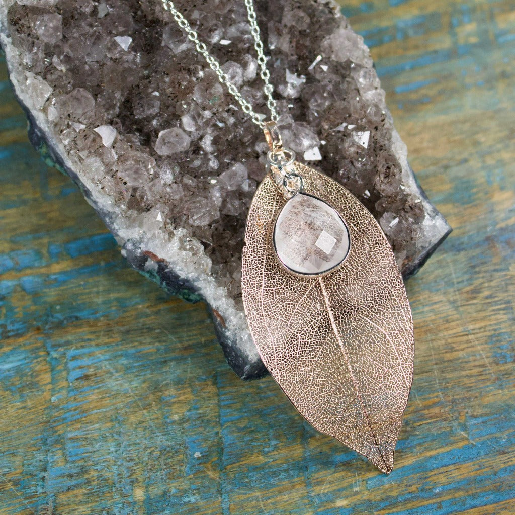 Rose Gold Leaf Necklace with Quartz