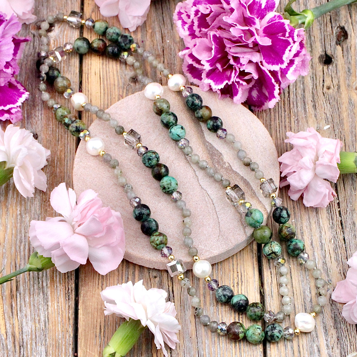African Turquoise, Labradorite and Pearl Necklace