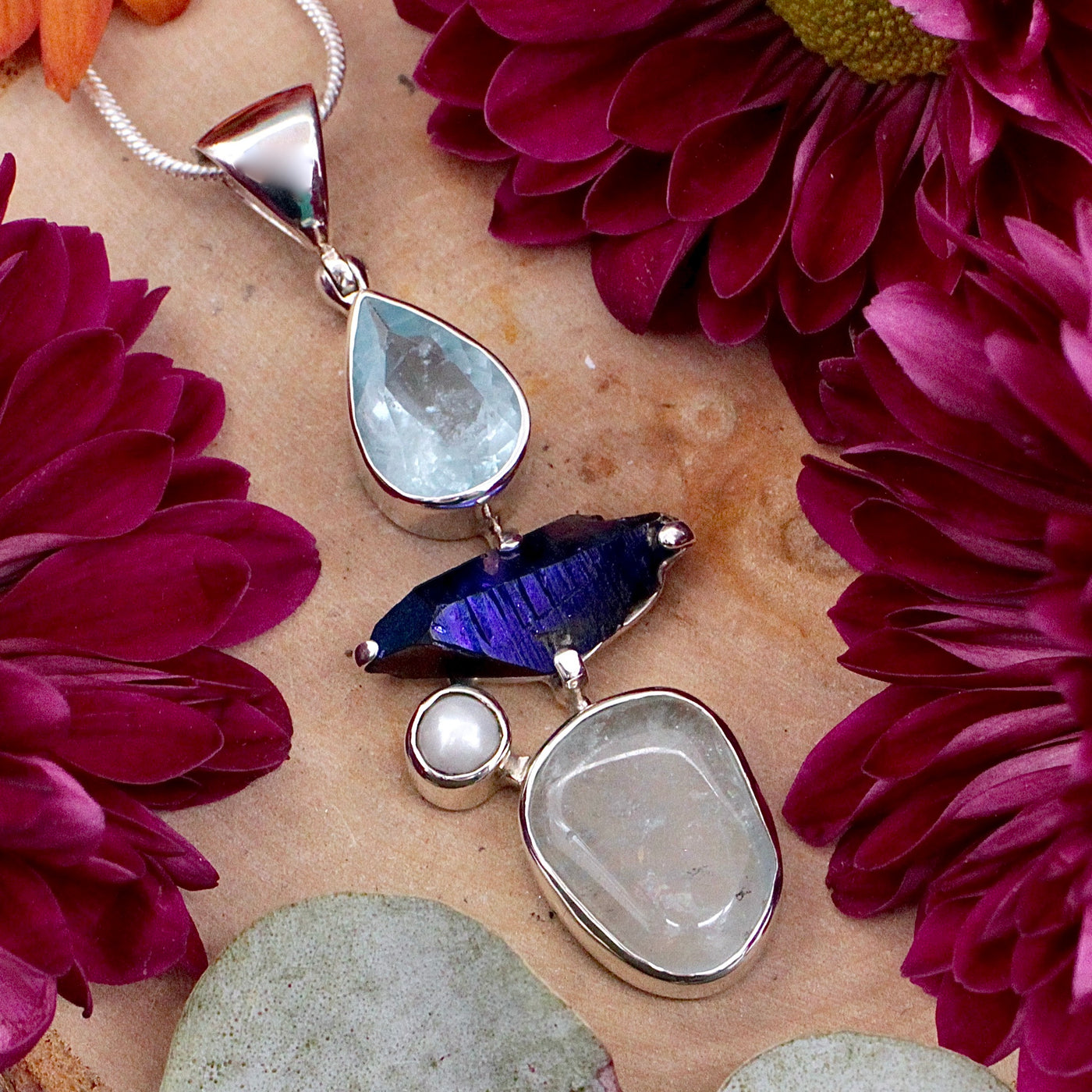 Aquamarine, Quartz and Freshwater Pearl Pendant