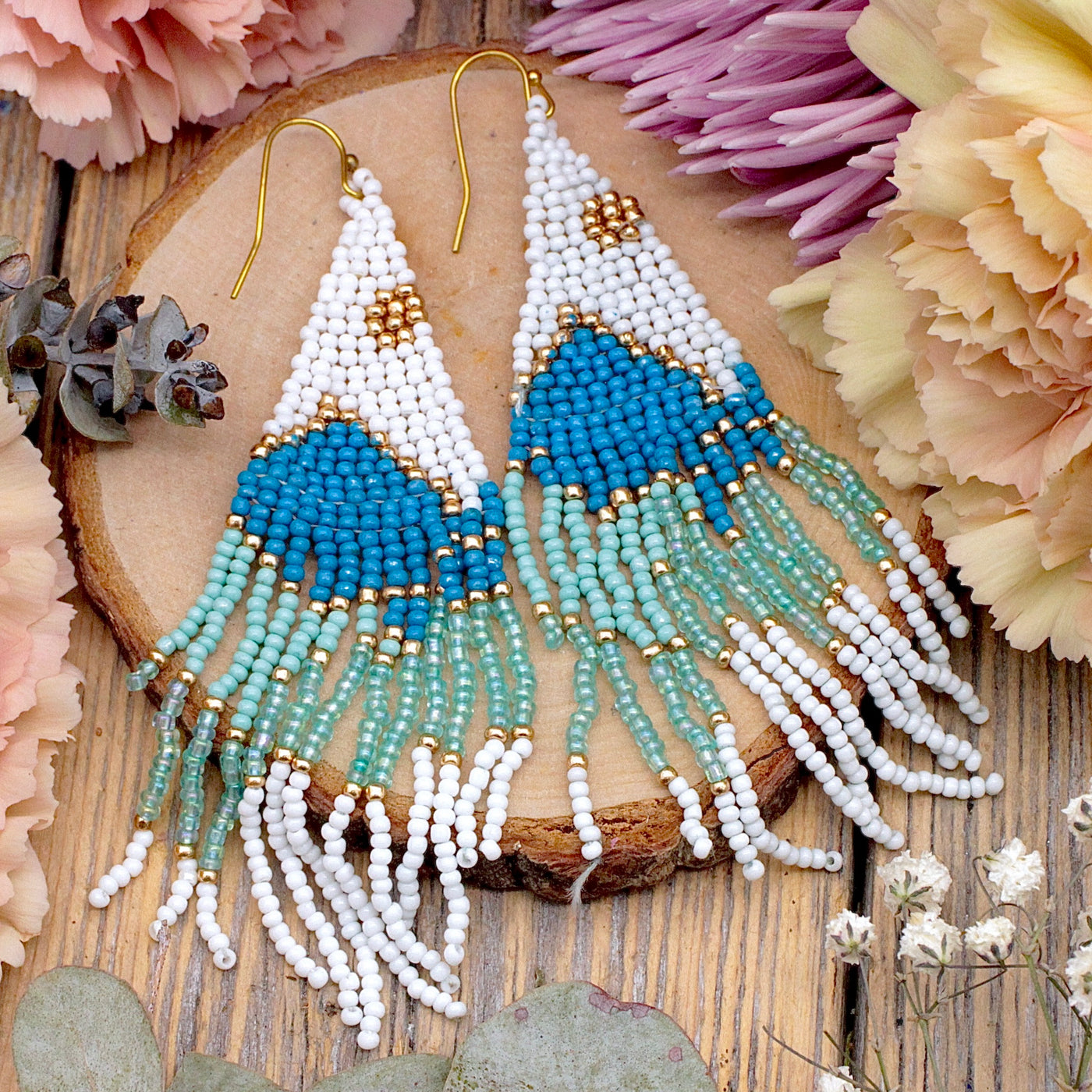 Beadwork Earrings - Blue and White
