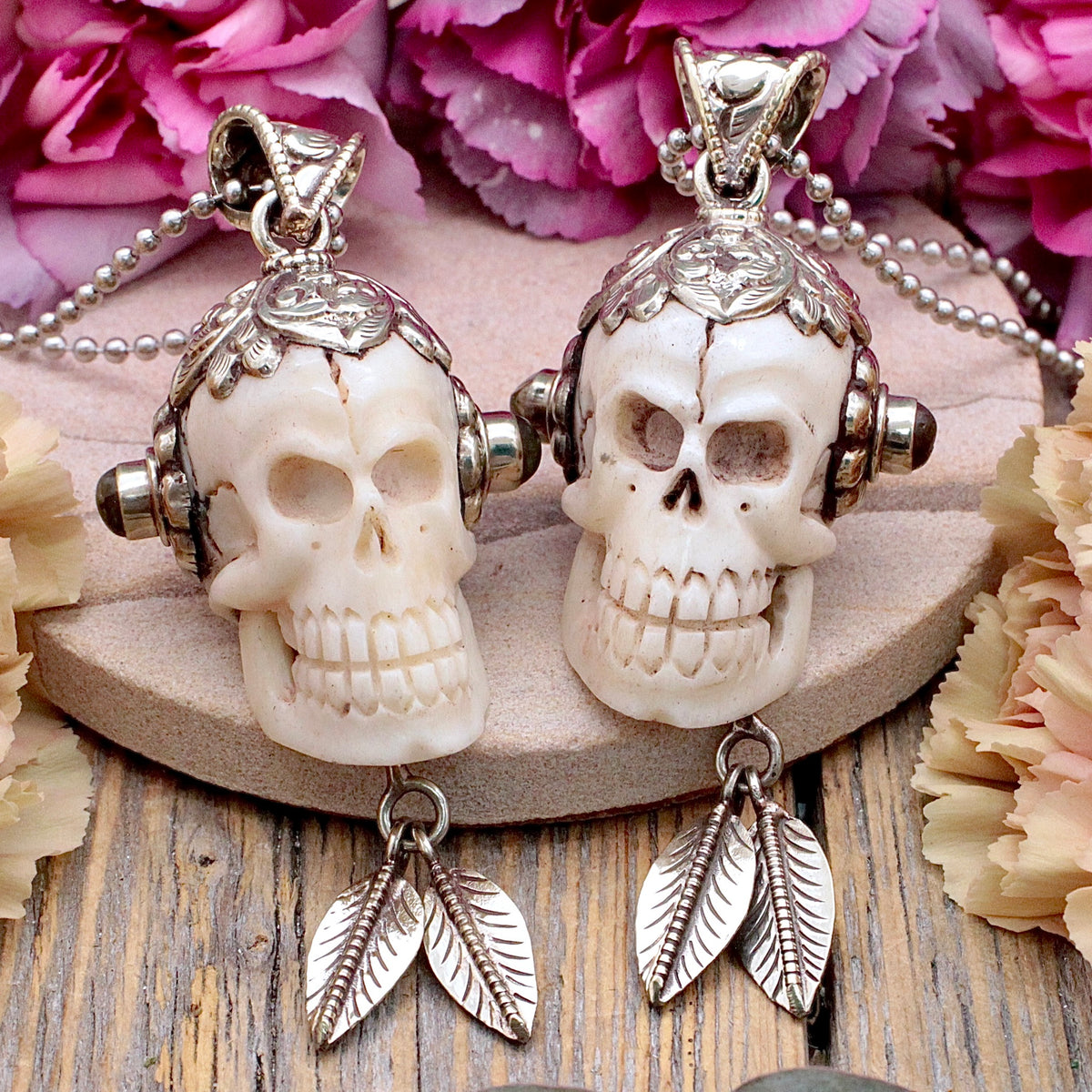 Bone Skull Pendant with Labradorite set in Tibetan Silver