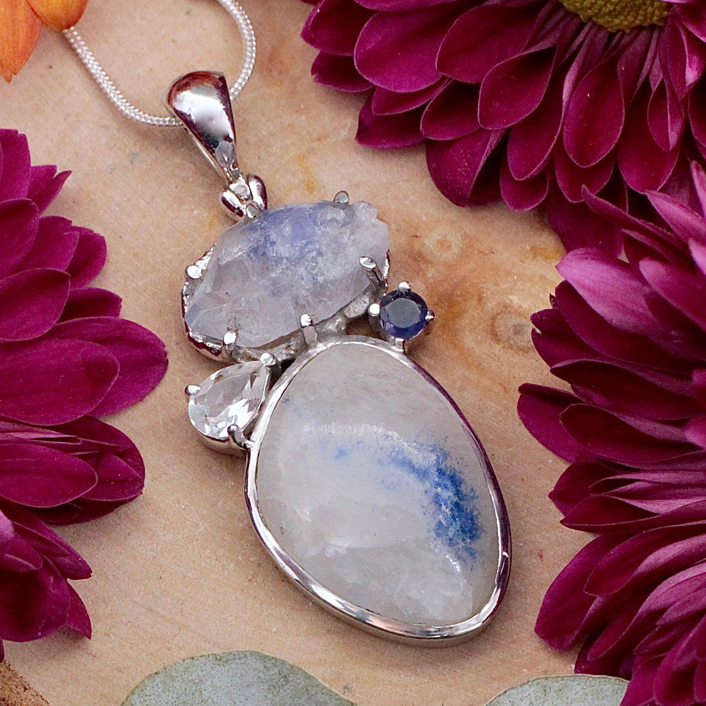 Dumortierite in Quartz, White Topaz and Iolite Pendant