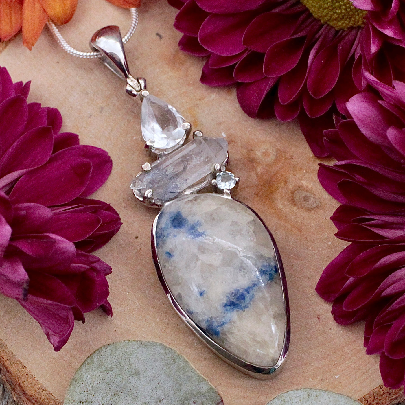 Dumortierite in Quartz and White Topaz Pendant