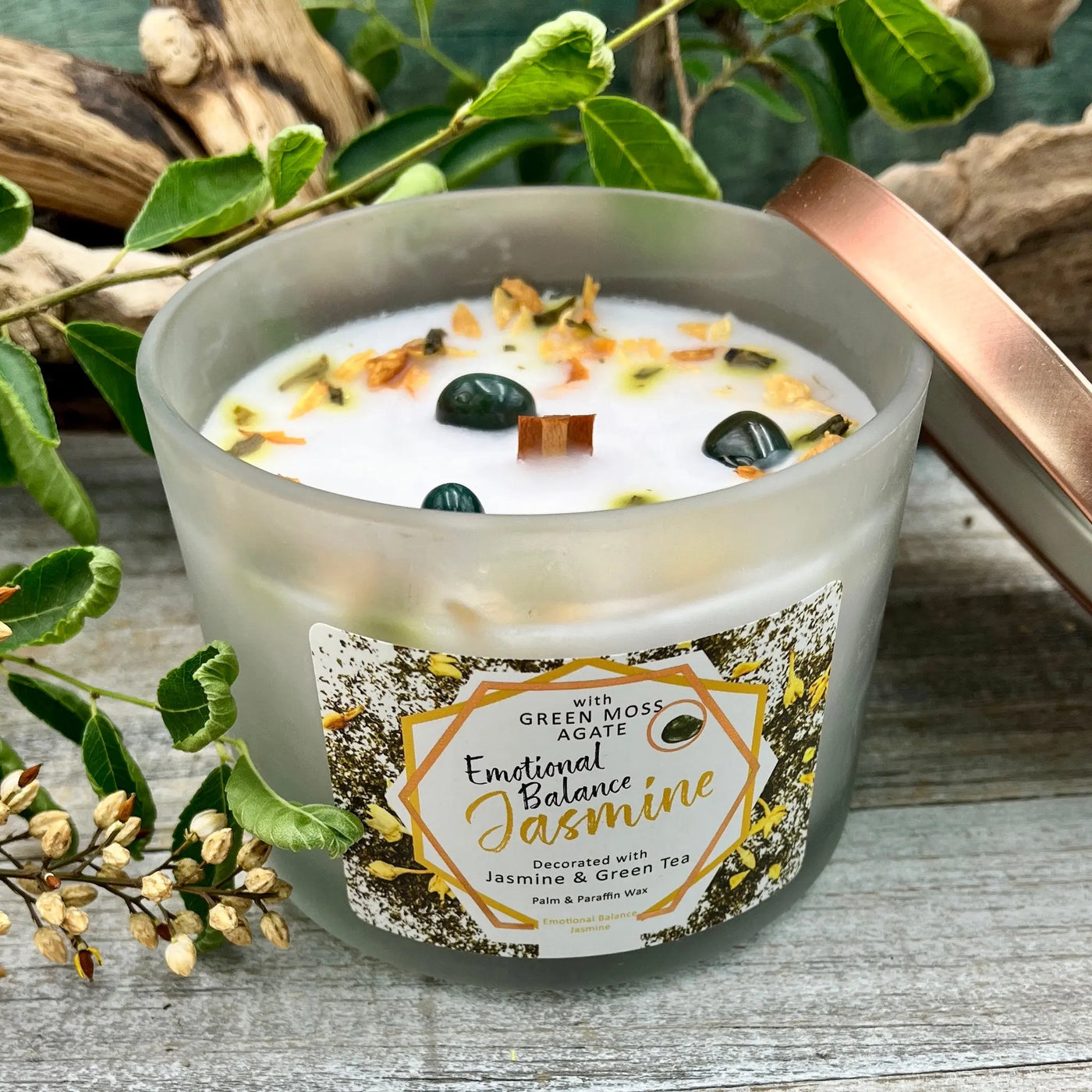 Emotional Balance Jasmine Candle with Moss Agate