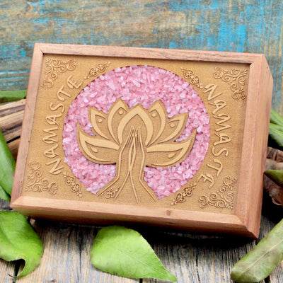 Lotus-Namaste Wooden Box with Rose Quartz Inlay