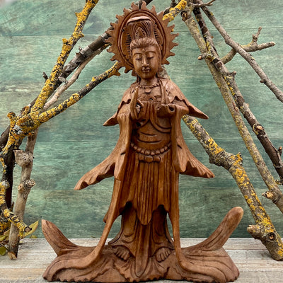 Kuan Yin Monkey Pod Wood Statue - Hand Carved