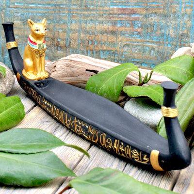 Bastet on Boat Incense Holder