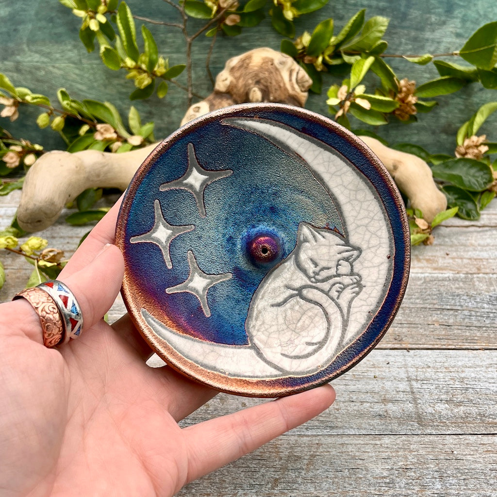 Raku Pottery Incense Holder -Moon Cat