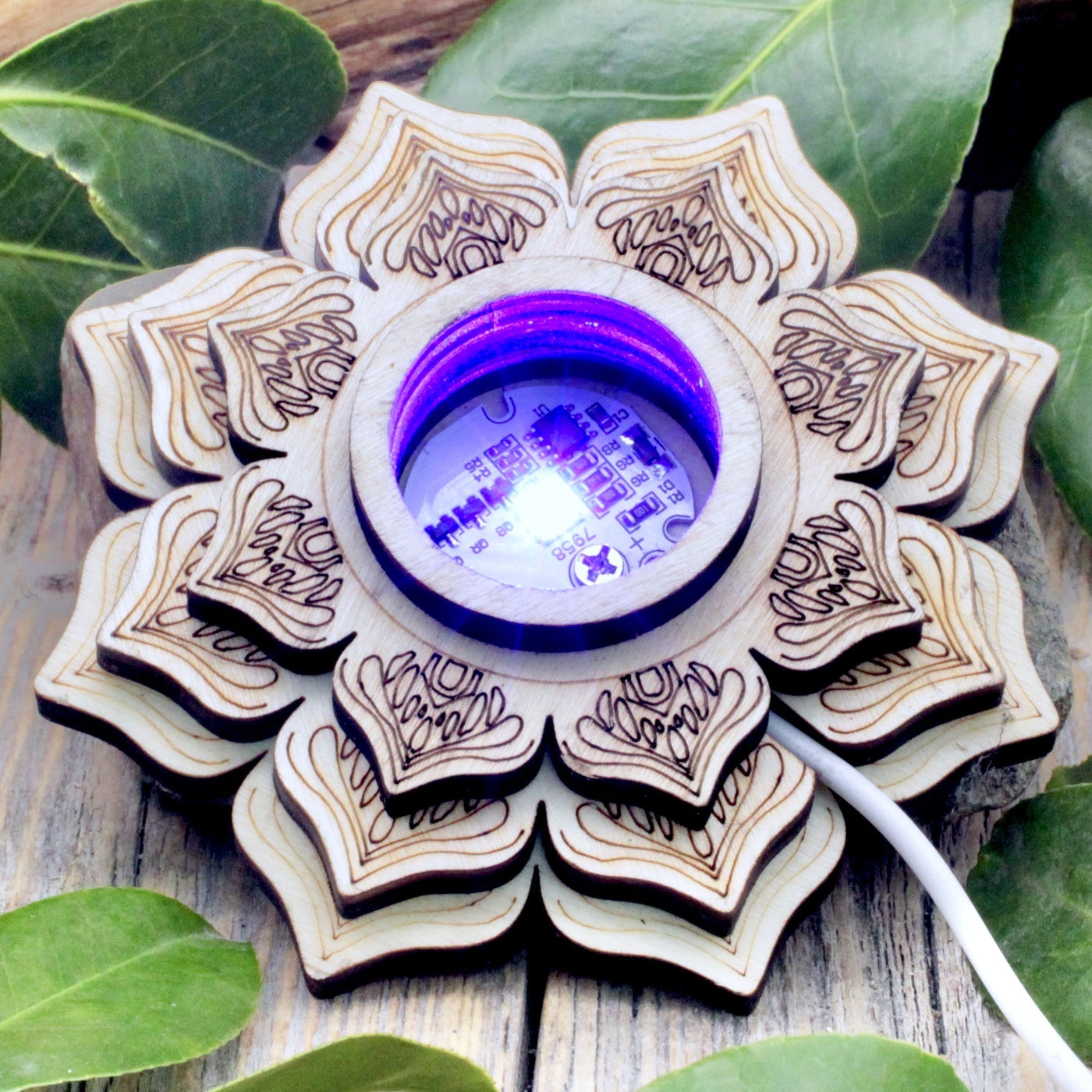 Wooden Lotus Sphere Holder with Color-Changing Light