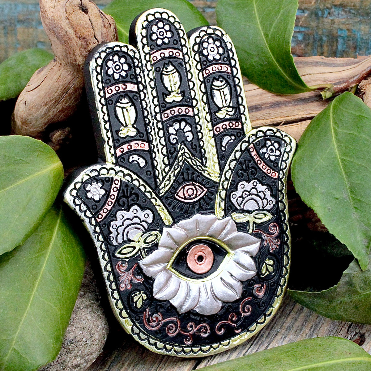 Hamsa Hand Incense Holder Black and gold