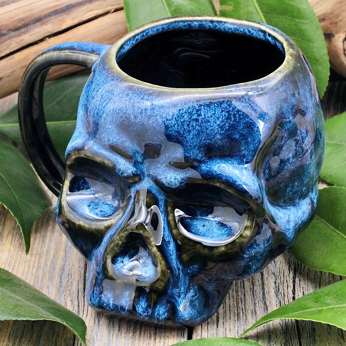 Blue Glazed Ceramic Skull Mug