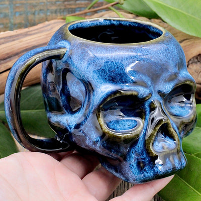 Blue Glazed Ceramic Skull Mug