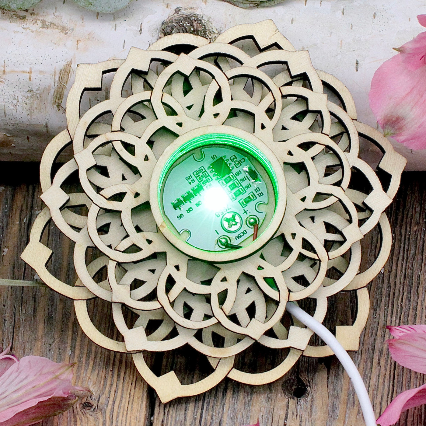 Wooden Lotus Sphere Holder with Color-Changing Light