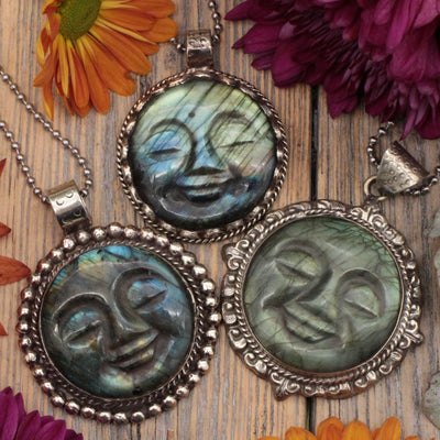 Labradorite Moon Face Pendant - Tibetan Silver