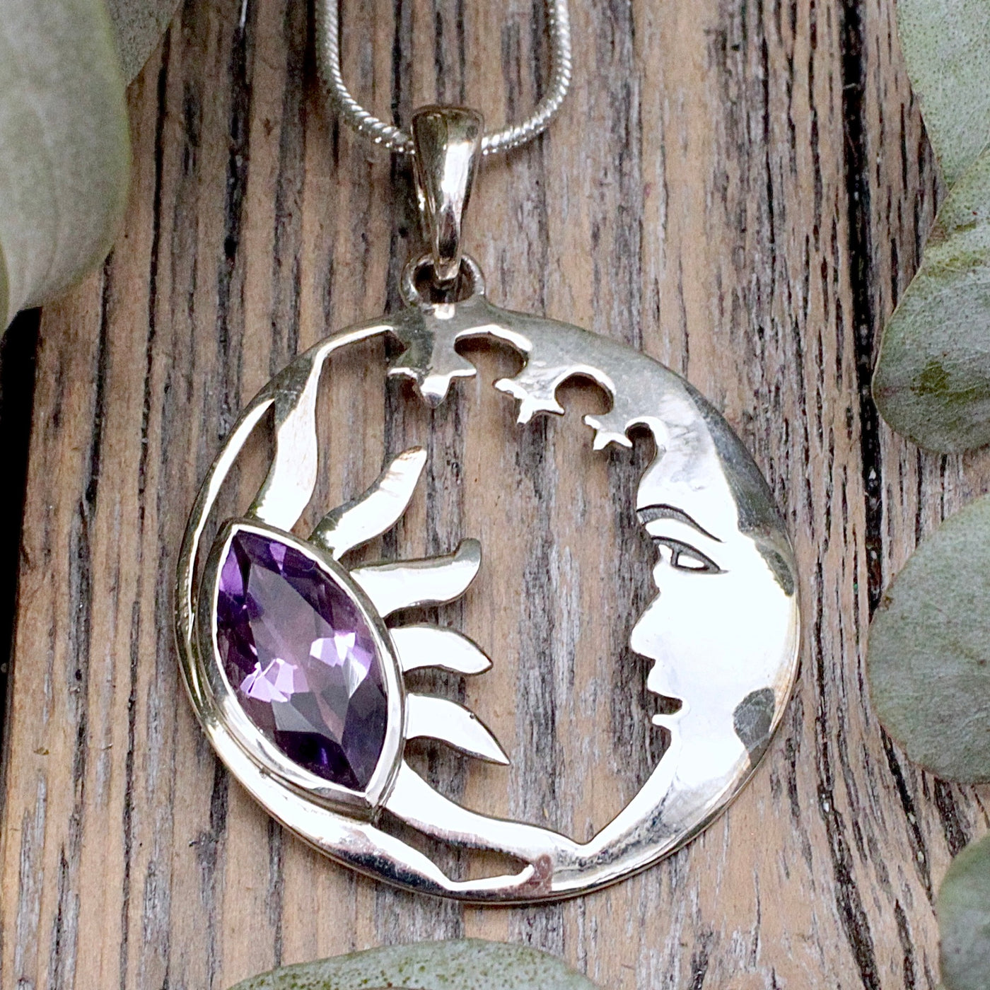 Amethyst Sun and Moon Pendant - Sterling Silver