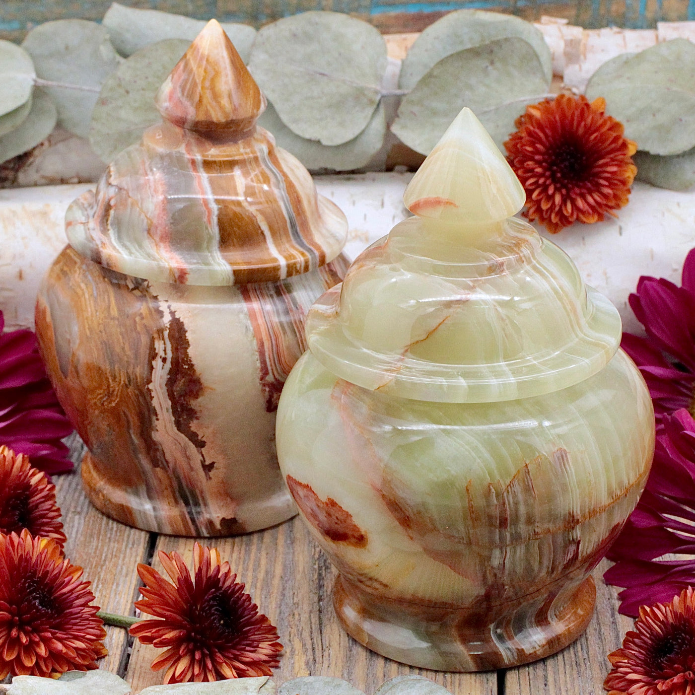 Green Banded Calcite Jar with Finial Lid