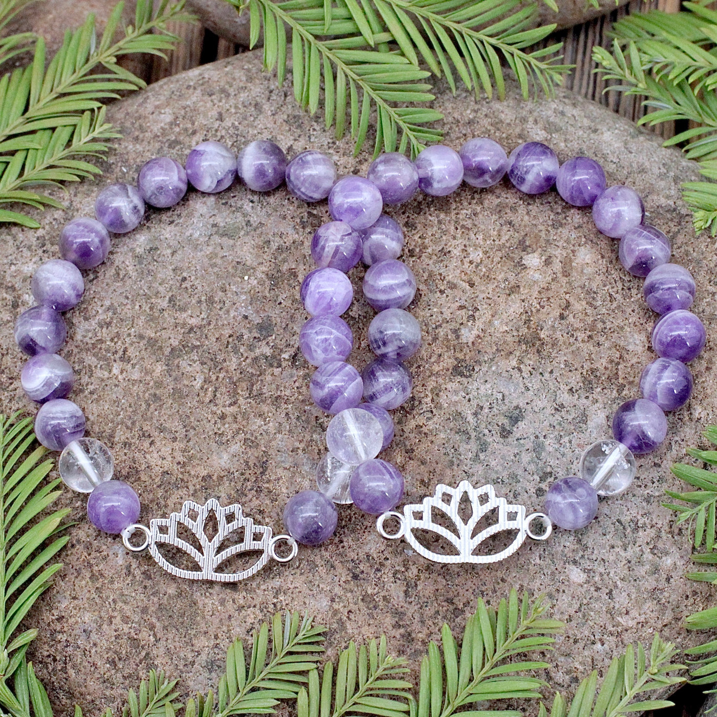 Amethyst and Quartz Bracelet with Lotus Charm