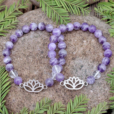 Amethyst and Quartz Bracelet with Lotus Charm