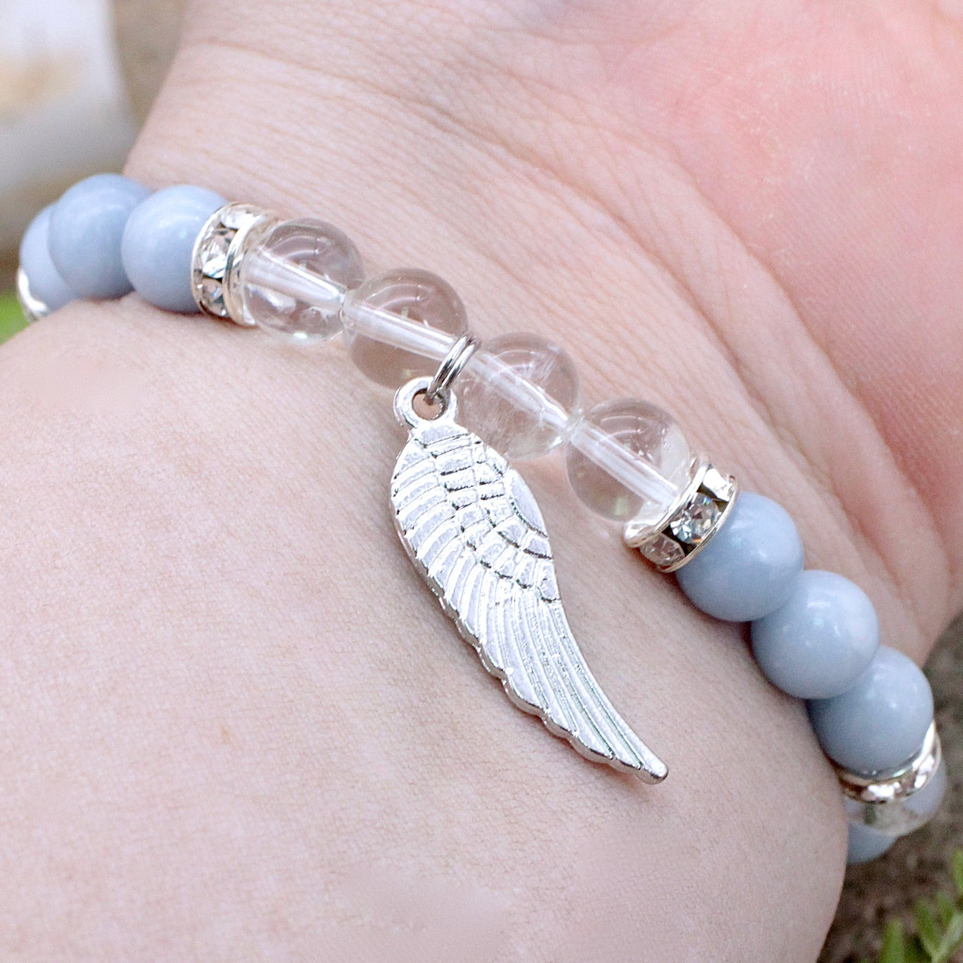 Angelite and Quartz Bracelet with Wing Charm