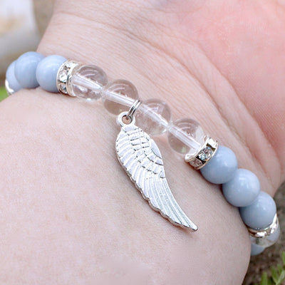 Angelite and Quartz Bracelet with Wing Charm