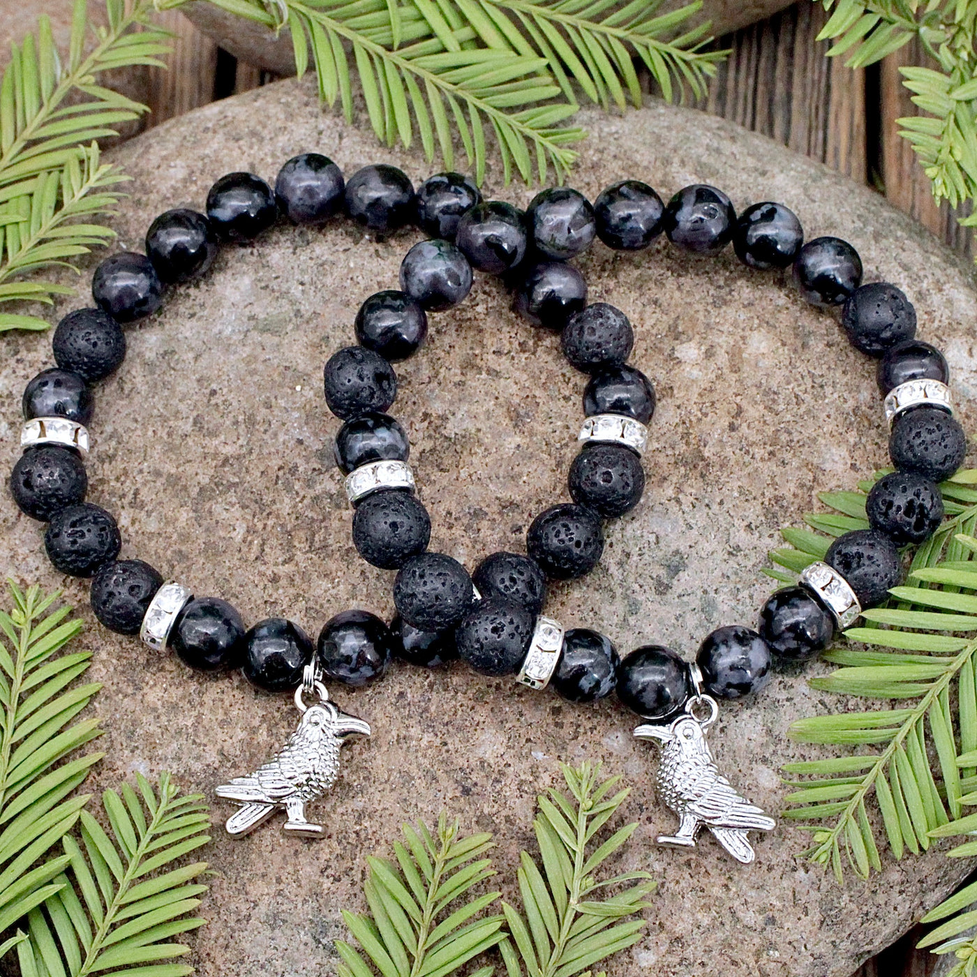 Indigo Gabbro and Lava Stone Bracelet with Raven Charm