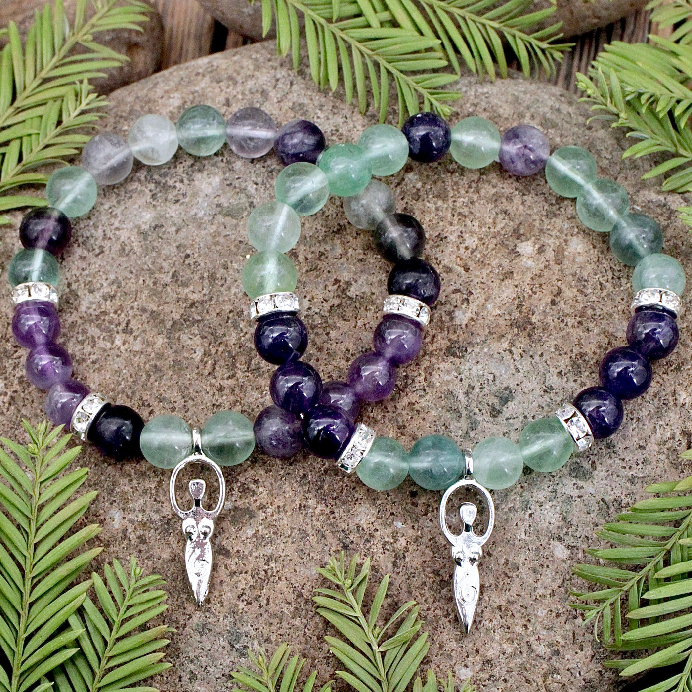 Rainbow Fluorite and Amethyst Bracelet with Goddess Charm