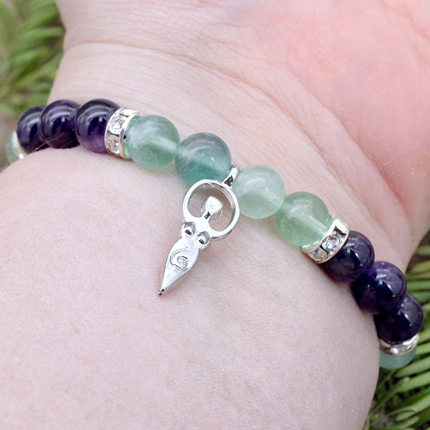 Rainbow Fluorite and Amethyst Bracelet with Goddess Charm