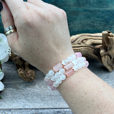 Rose Quartz and Selenite Fancy Bracelet hand