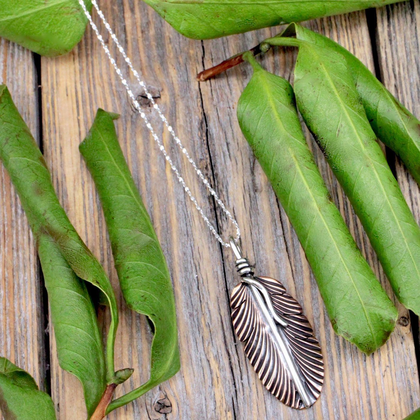 Mixed Metal Feather Pendant