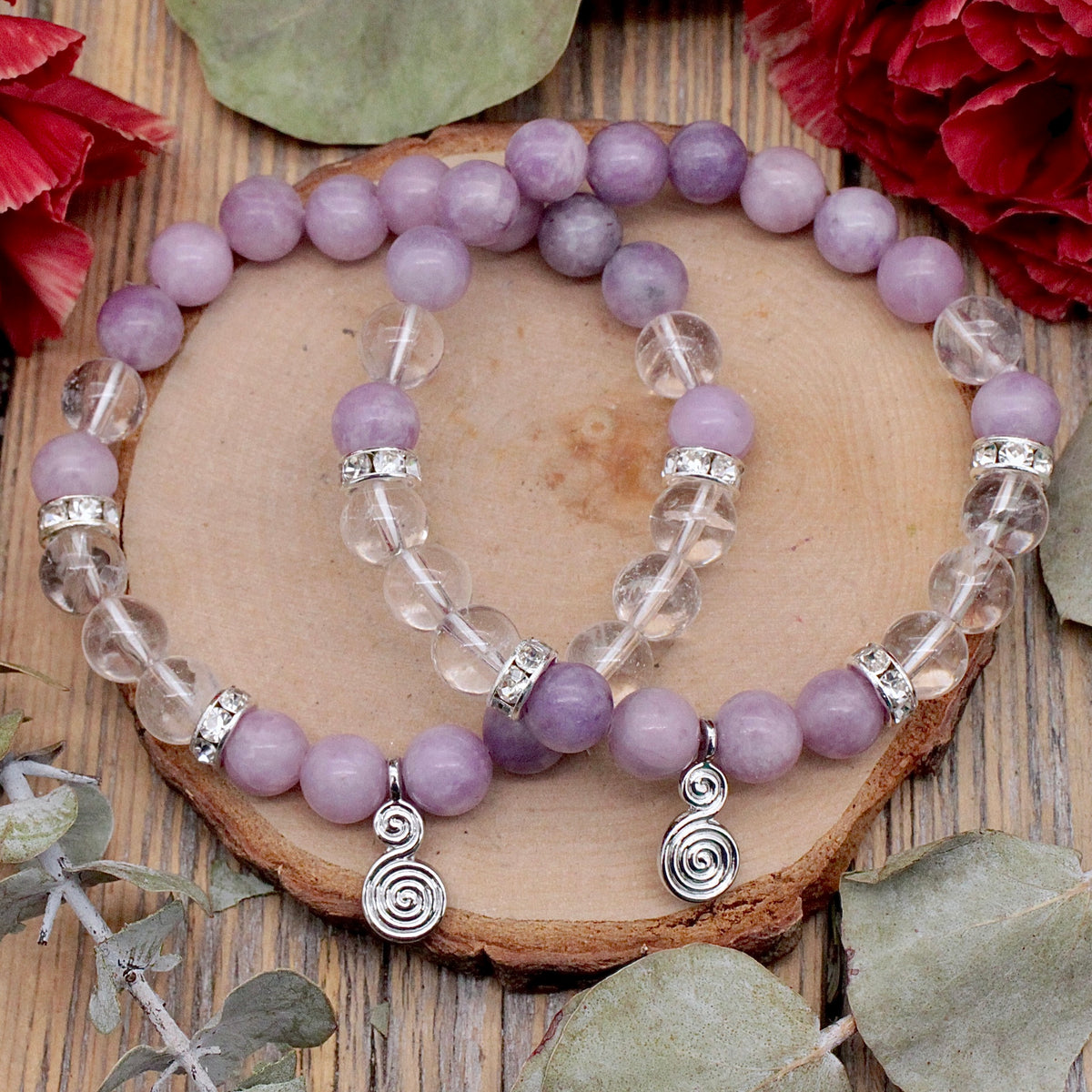 Lepidolite and Quartz Bracelet with Double Spiral Charm - 8mm
