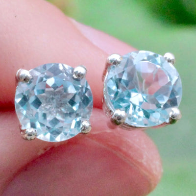 Blue Topaz Stud Earrings Pronged in Sterling Silver