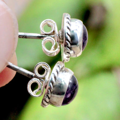 Amethyst Stud Earrings with Silverwork in Sterling Silver