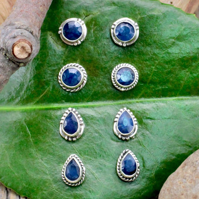 Sapphire Stud Earrings with Silverwork in Sterling Silver