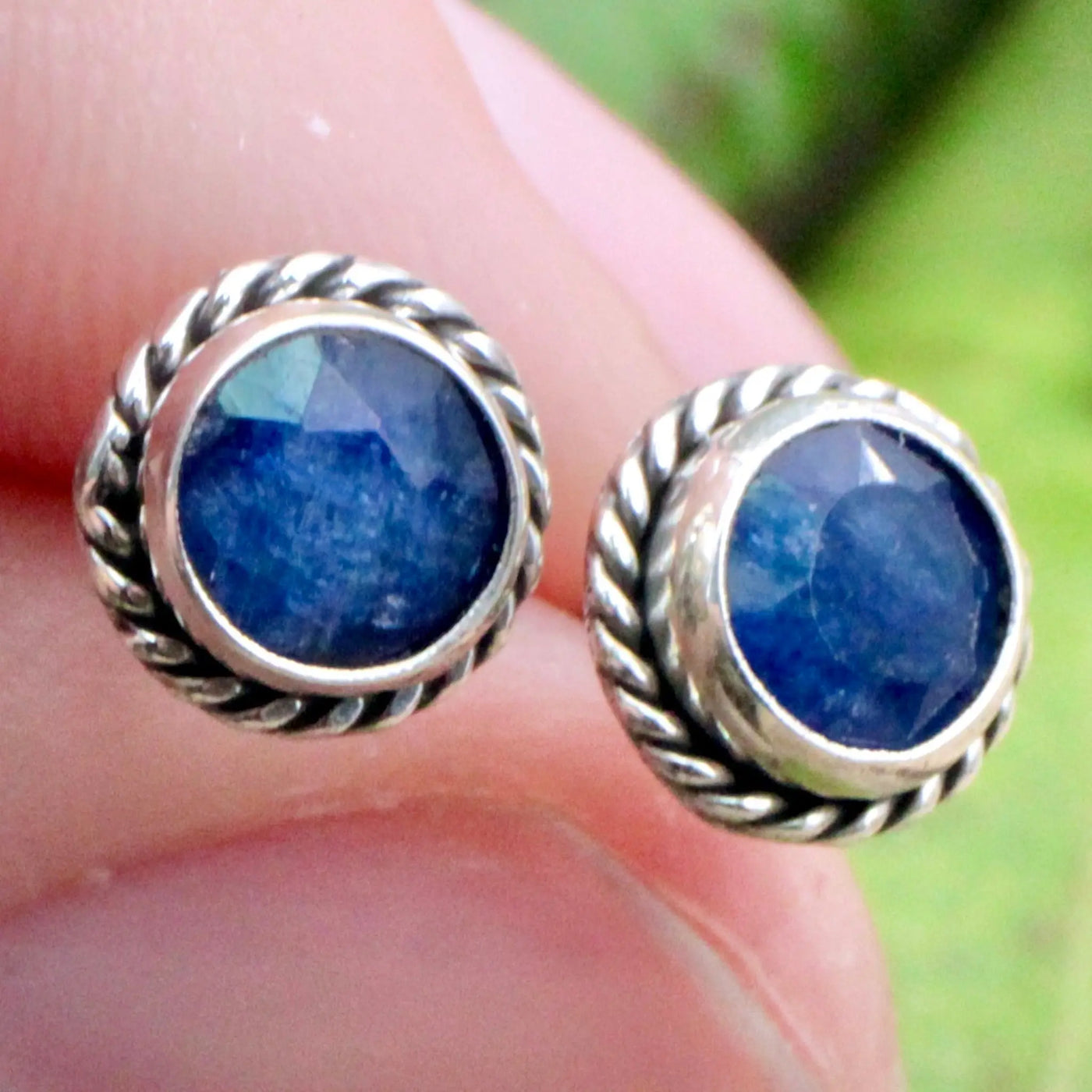 Sapphire Stud Earrings with Silverwork in Sterling Silver