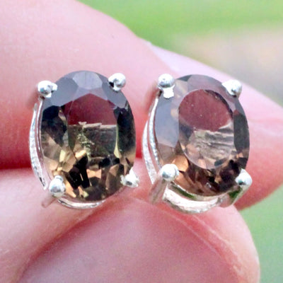Smoky Quartz Stud Earrings Pronged in Sterling Silver