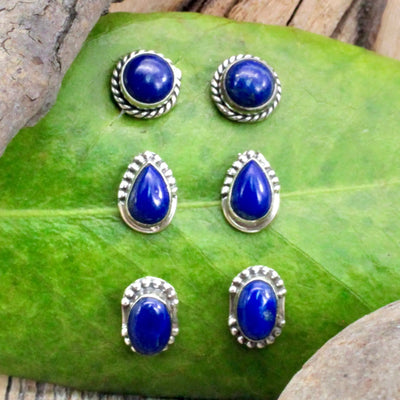 Lapis Lazuli Stud Earrings with Silverwork in Sterling Silver
