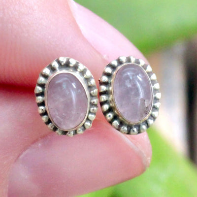 Rose Quartz Stud Earrings with Silverwork in Sterling Silver