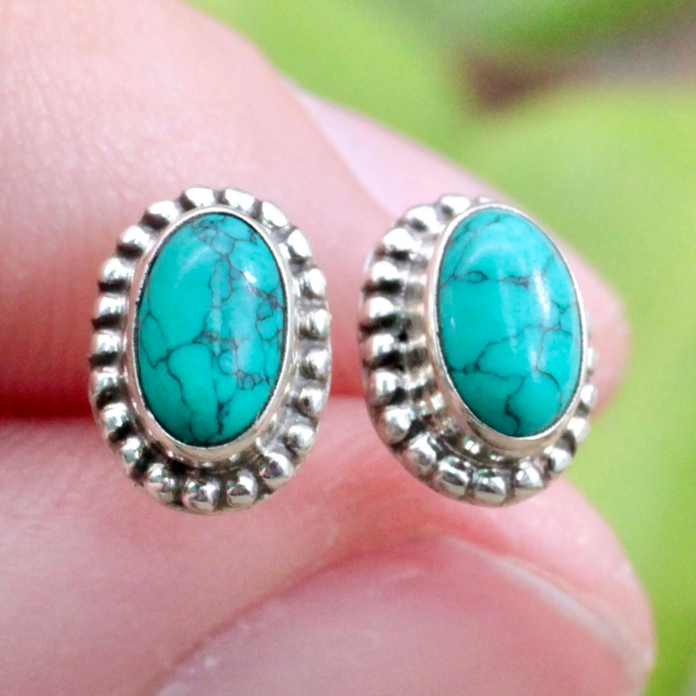 Tibetan Turquoise Stud Earrings with Silverwork in Sterling Silver